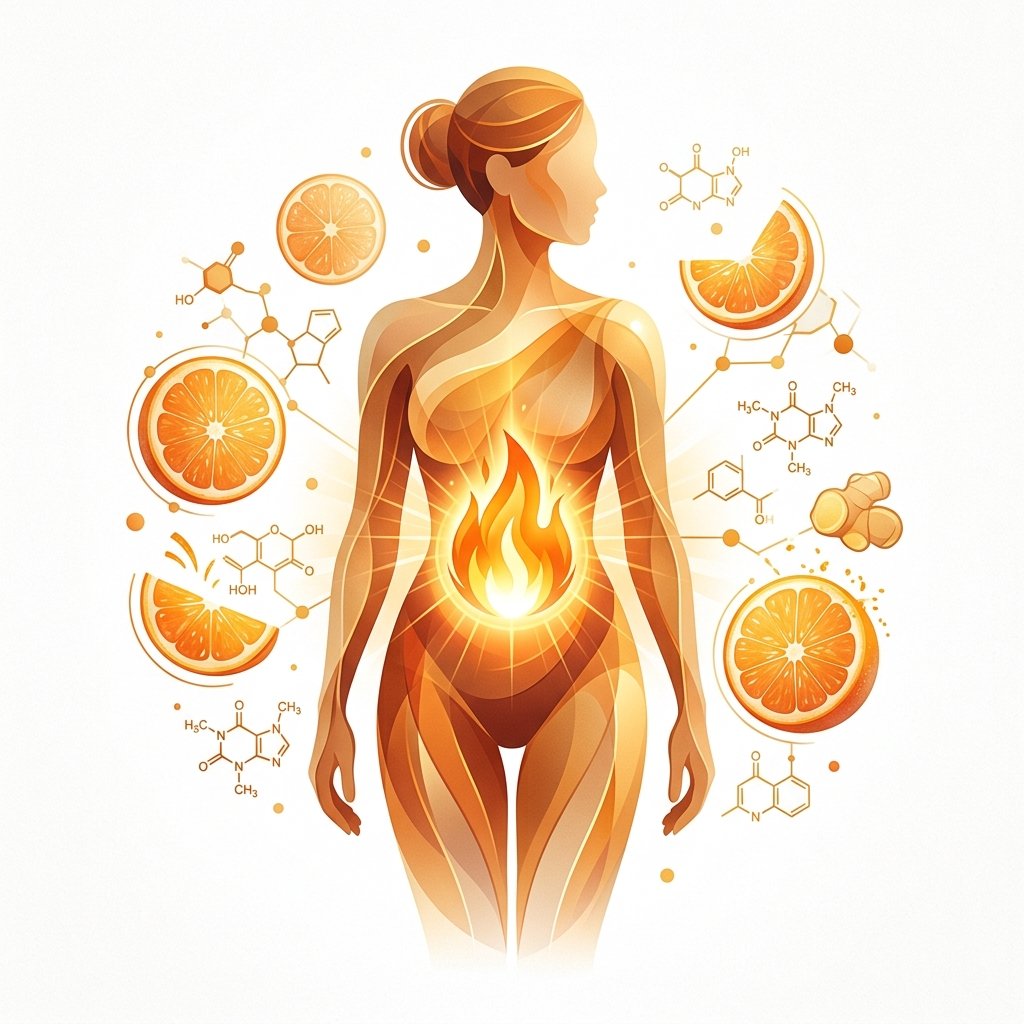 Metabolic reset thermogenesis illustration - how citrus compounds activate fat burning in the body with Citrus Burn