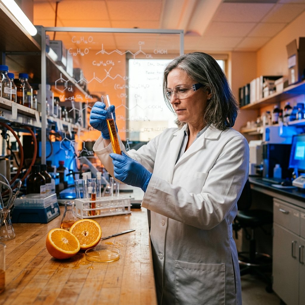 Scientist researching thermogenic fat burner compounds from Seville bitter orange peel in laboratory